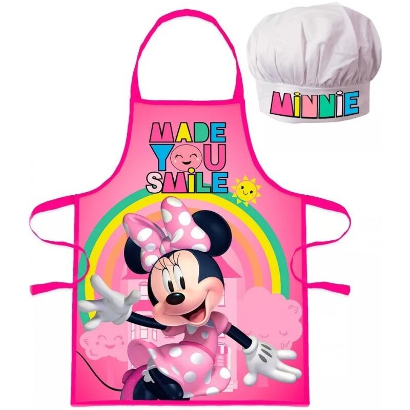 EUROSWAN Detská / dievčenská zástera s kuchárskou čiapkou Minnie Mouse - Disney - motív s dúhou - pre deti 3 - 8 rokov