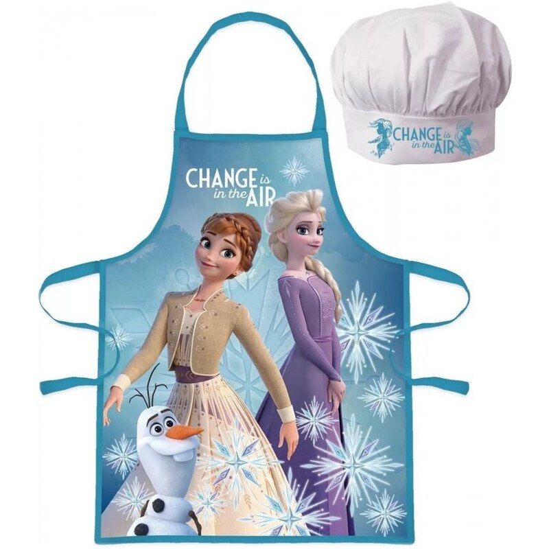 EUROSWAN Detská / dievčenská zástera s kuchárskou čiapkou Ľadové kráľovstvo 2 - Frozen 2 - motív Anna a Elsa s Olafom - pre deti 3 - 8 ro