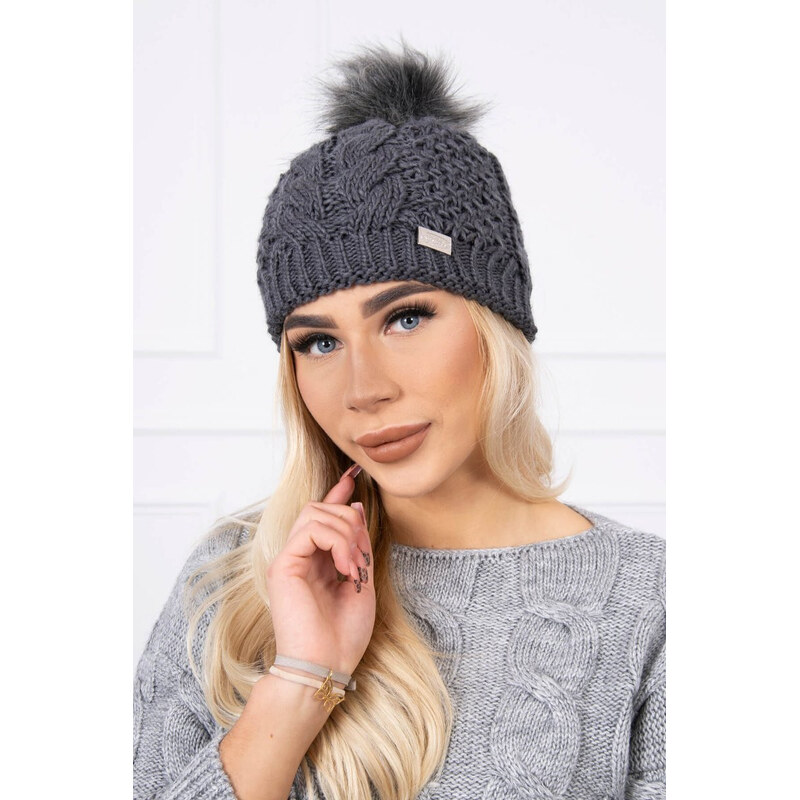 MladaModa Dámska čiapka s kožušinkovým brmbolcom K166 grafitová 20312240
