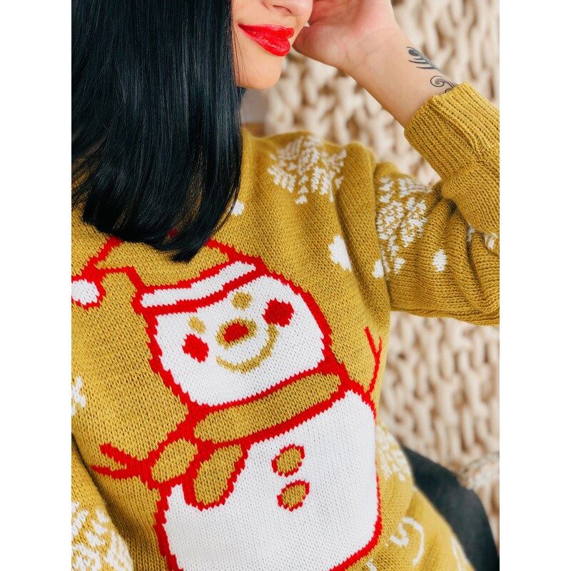 Webmoda Vianočný dámsky sveter so snehuliakom žltý