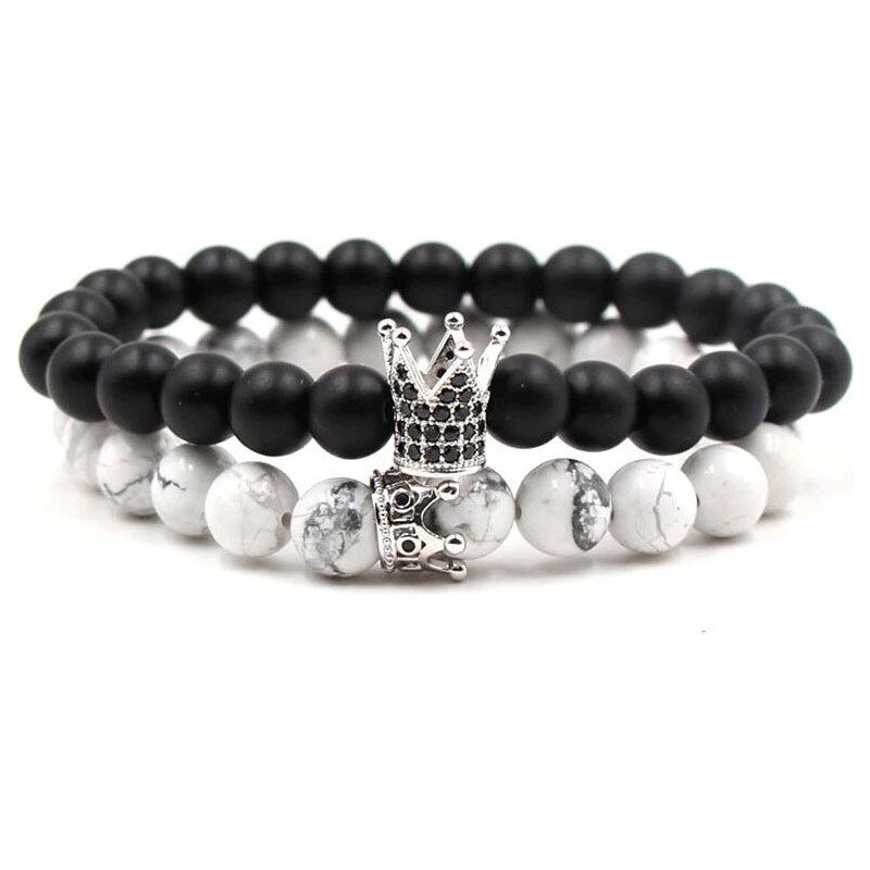 BudNej Náramky pre páry KING and QUEEN CROWN z howlitu a onyxu MN3007 35941795