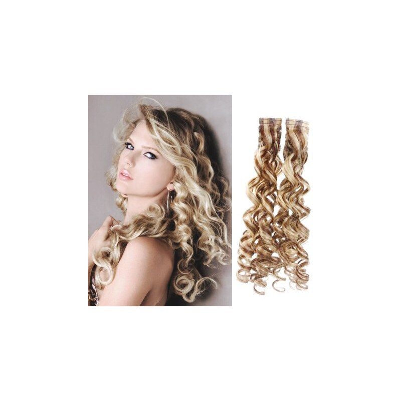 Clipinhair Vlasy pro metodu Pu Extension / TapeX / Tape Hair / Tape IN 60cm kučeravé - platina / svetlo hnedá
