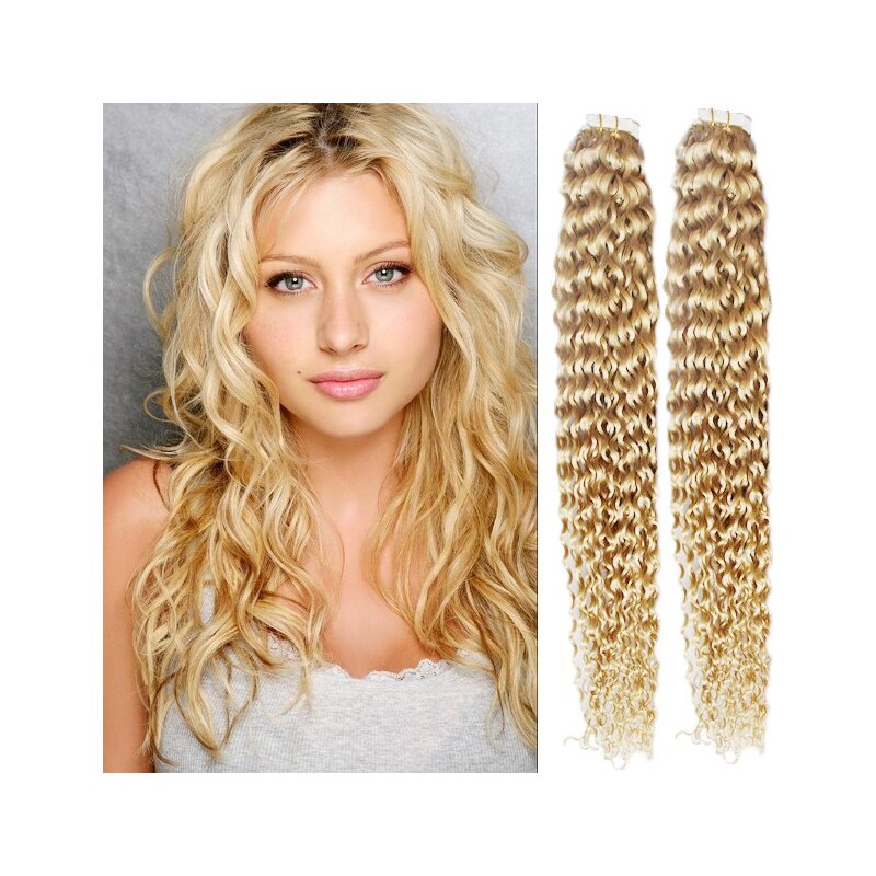 Clipinhair Vlasy pre metódu Pu Extension / Tapex / Tape Hair / Tape IN 50cm kučeravé - najsvetlejšia blond