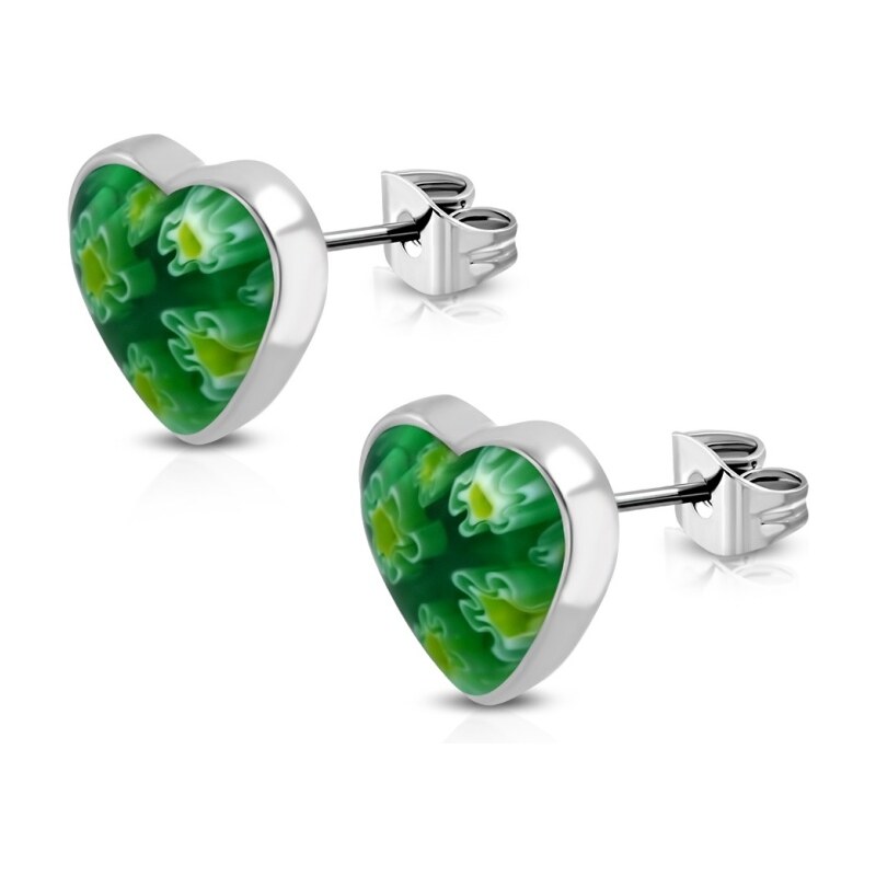 CITY STORM Dámske oceľové náušnice v tvare srdiečka s kvetmi - zelené 66853578