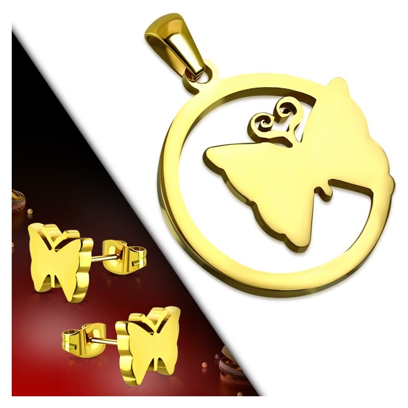 CITY STORM Dámsky okrúhly set prívesok a náušnice s motýlikom v zlatej 66888814