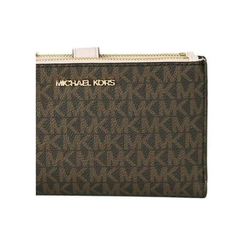 Michael Kors Jet Set Large Continental Travel Clutch Wristlet Wallet  Brown/Powder Blush 35T7GTVE7L-grp - AllGlitters