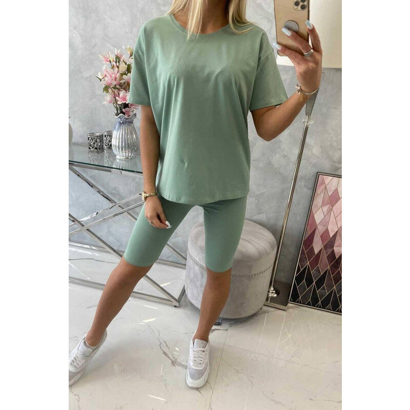 MladaModa Súprava top + krátke legíny model 9099 tmavá mentolová 22275000