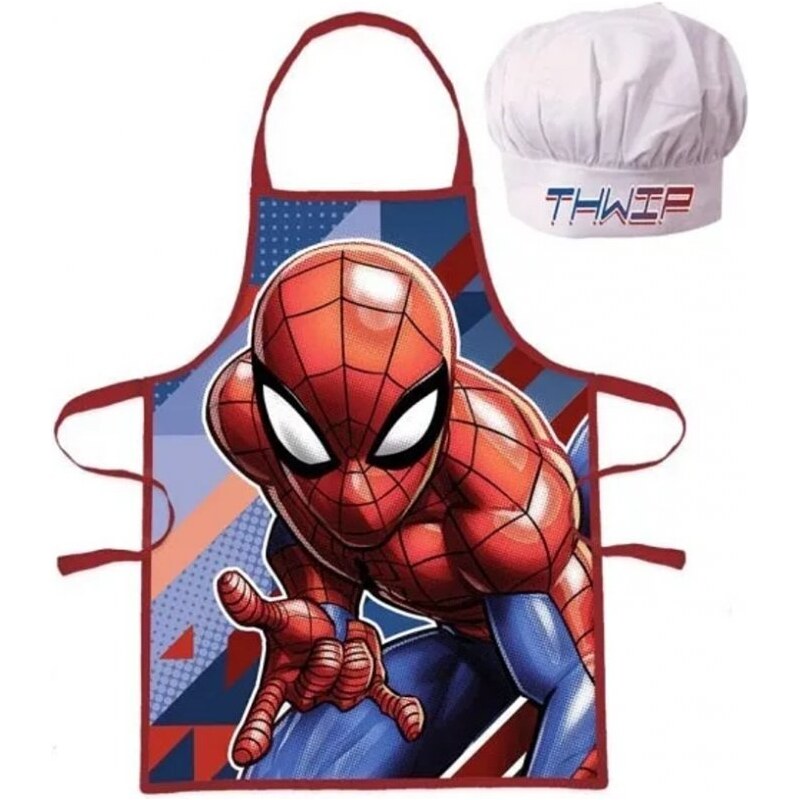 EUROSWAN Detská / chlapčenská zástera s kuchárskou čiapkou Spiderman - motív Thwip - pre deti 3 - 8 rokov
