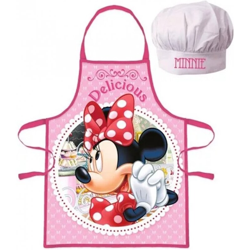 EUROSWAN Detská / dievčenská zástera s kuchárskou čiapkou Minnie Mouse - Disney - motív Delicious - pre deti 3 - 8 rokov