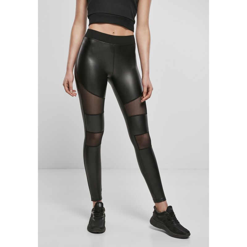 Urban Classics Womens Tech Mesh Leggings in Faux Leather Black 50651471