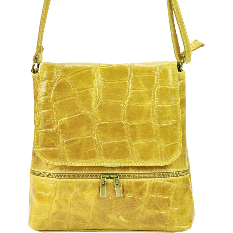 BORSE IN PELLE Kožená dámska crossbody kabelka v kroko dizajne žltá 22884609