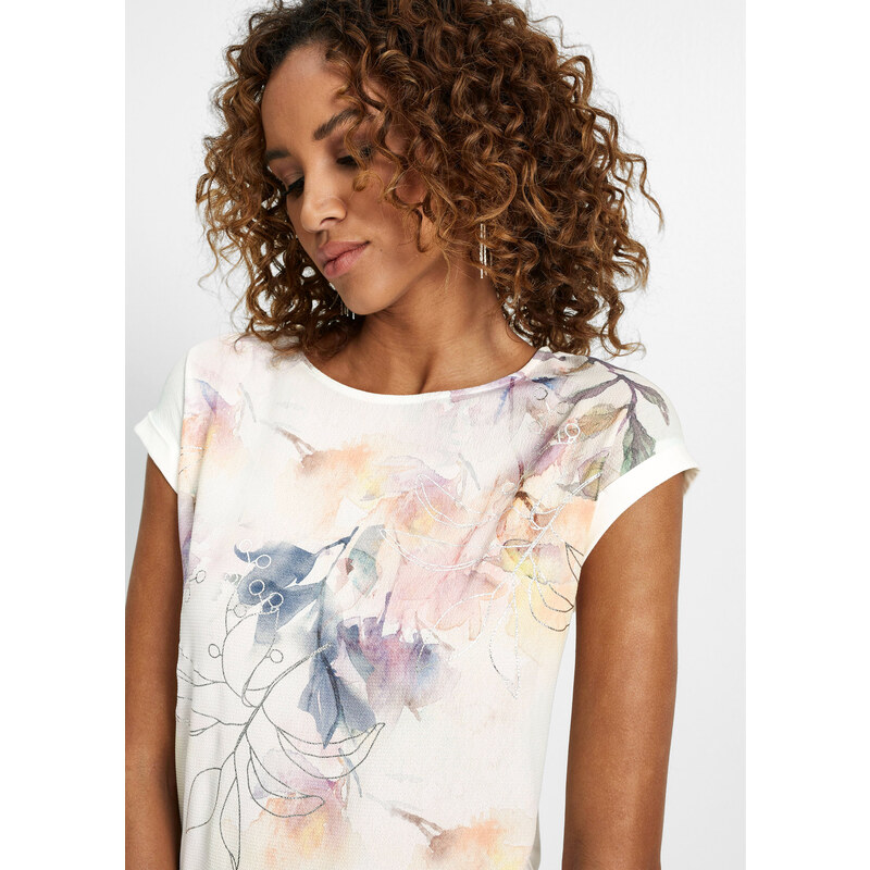 bonprix Blúzkové tričko s kvetovanou potlačou, farba biela