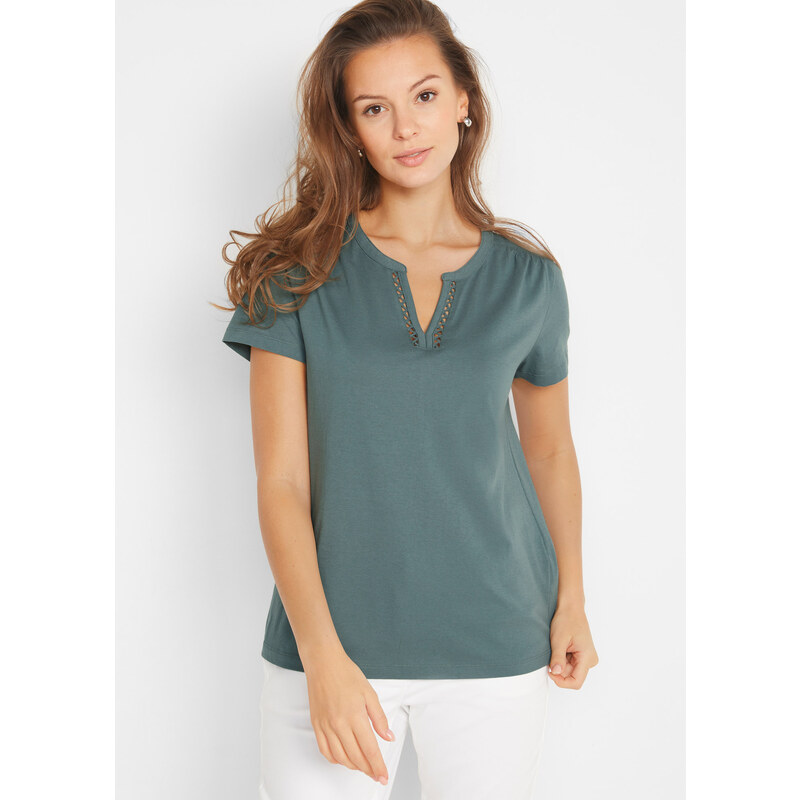 bonprix Tričko s dekoratívnym výstrihom, farba zelená 44734980