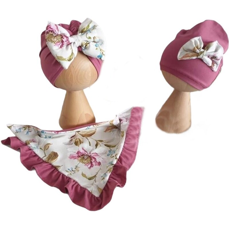 ZuMa Style Detská čiapka a šatka - dievčenský set tmavo-ružový so vzorom FLOWER - turban, čiapka, šatka, 0 - 6 mesiacov