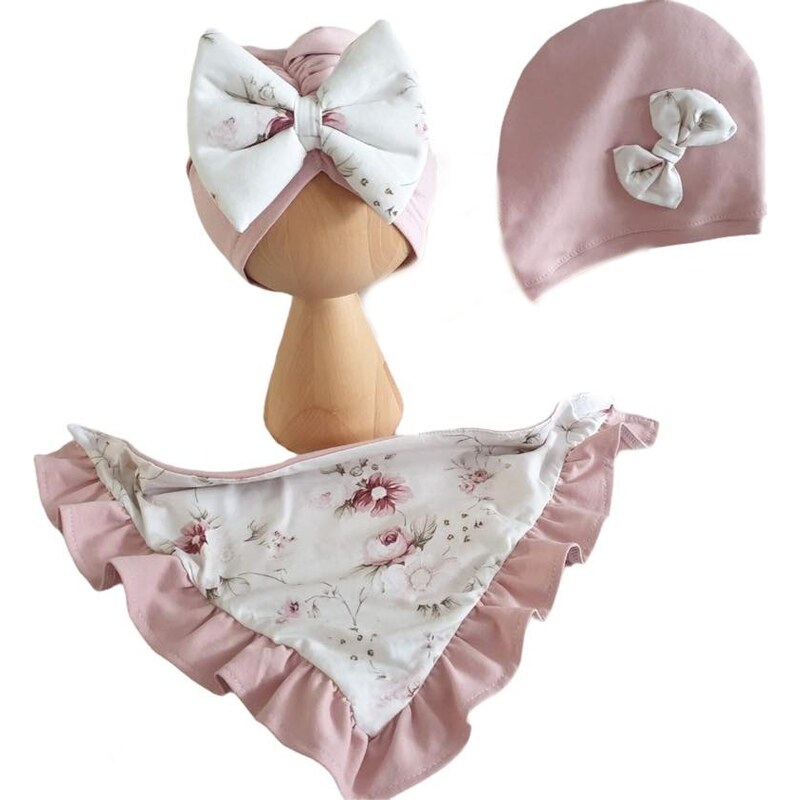 ZuMa Style Detská čiapka a šatka - dievčenský set ružový so vzorom VINTAGE - čiapka, šatka, 5 - 12 roky