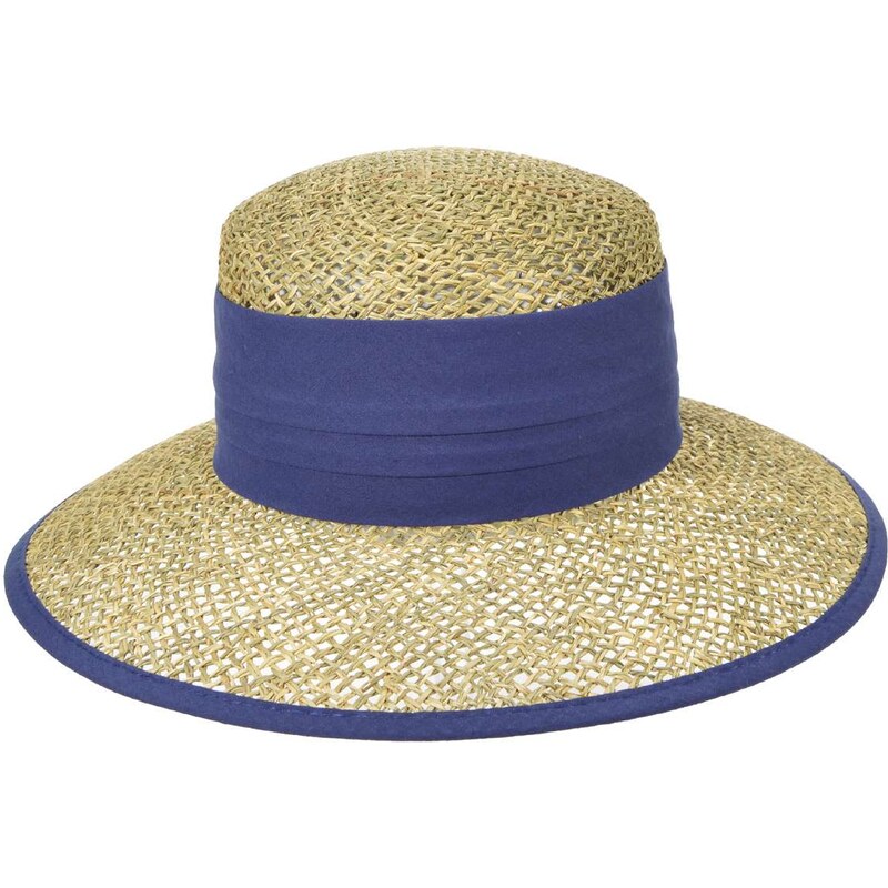 Dámsky béžový letný slamený (morská tráva) klobúk s modrou stuhou - Seeberger since 1890
