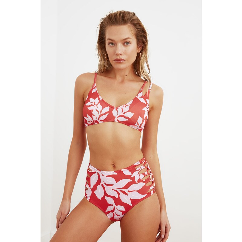 Trendyol Colorful Leaf Pattern Cross-Connected High Waist Bikini 55091530