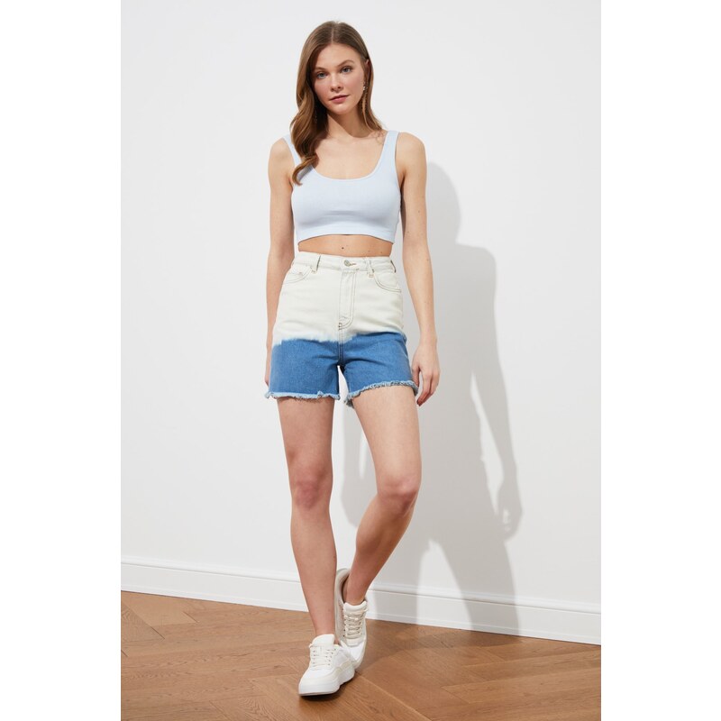 Trendyol Blue White Color-Blocked Tasseled Denim Shorts 54995178
