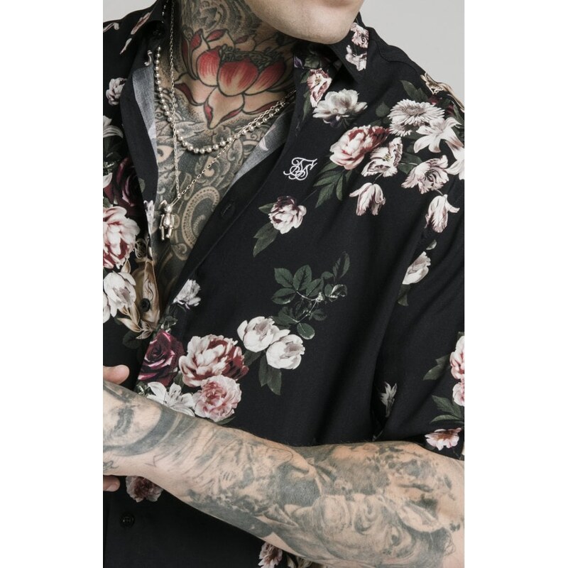Pánska košeľa SikSilk S/S Prestige Floral Resort Shirt - Black
