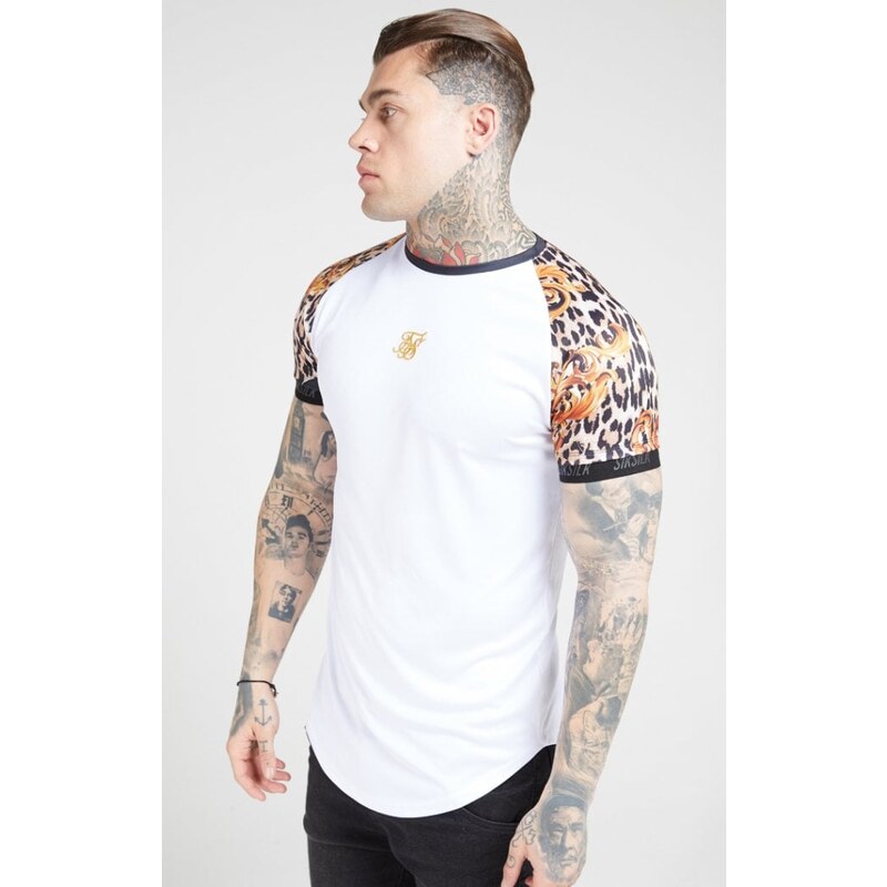 Pánske tričko SikSilk S/S Curved Hem Raglan Tech Tee - White & Floral Leopard
