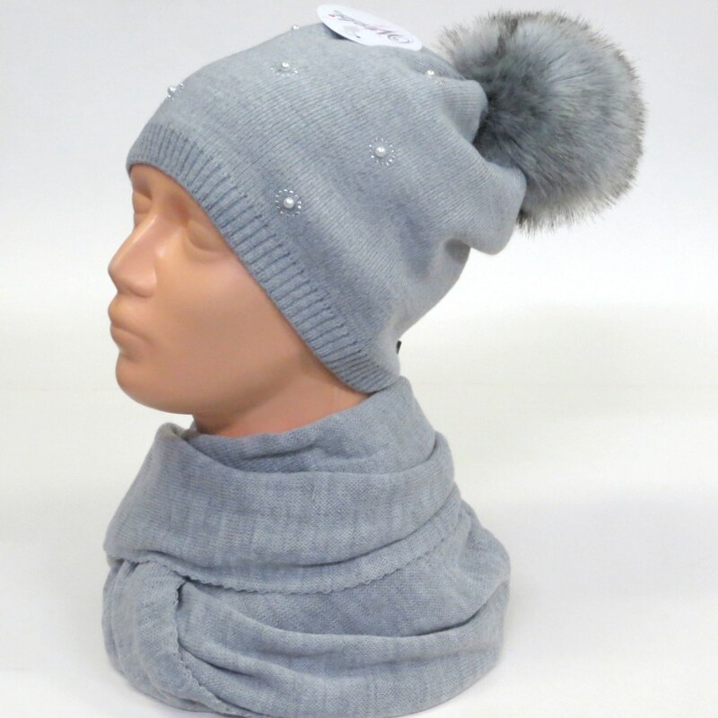 Dámska súprava čiapka zateplená + šál tunel sivá 24431940