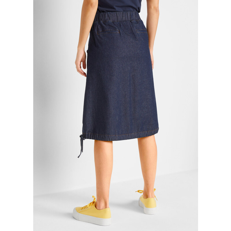 bonprix Džínsová sukňa so záhybmi, s pohodlným pásom a šnúrkou na zaviazanie, farba modrá