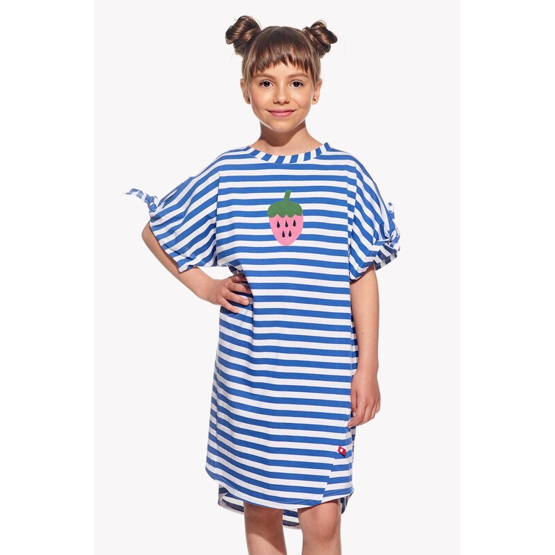 Piskacie Dievčenské šaty s jahodou, farba pásik modrý, veľkosť 98
