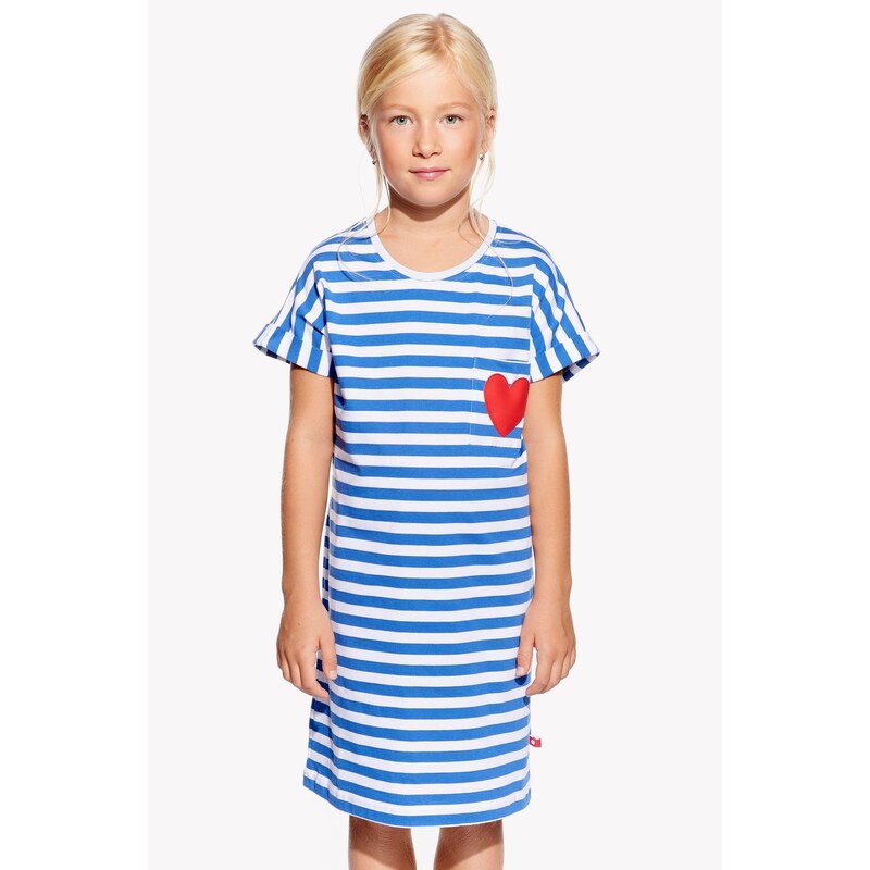 Piskacie Dievčenské šaty so srdiečkom, farba pásik modrý, veľkosť 104