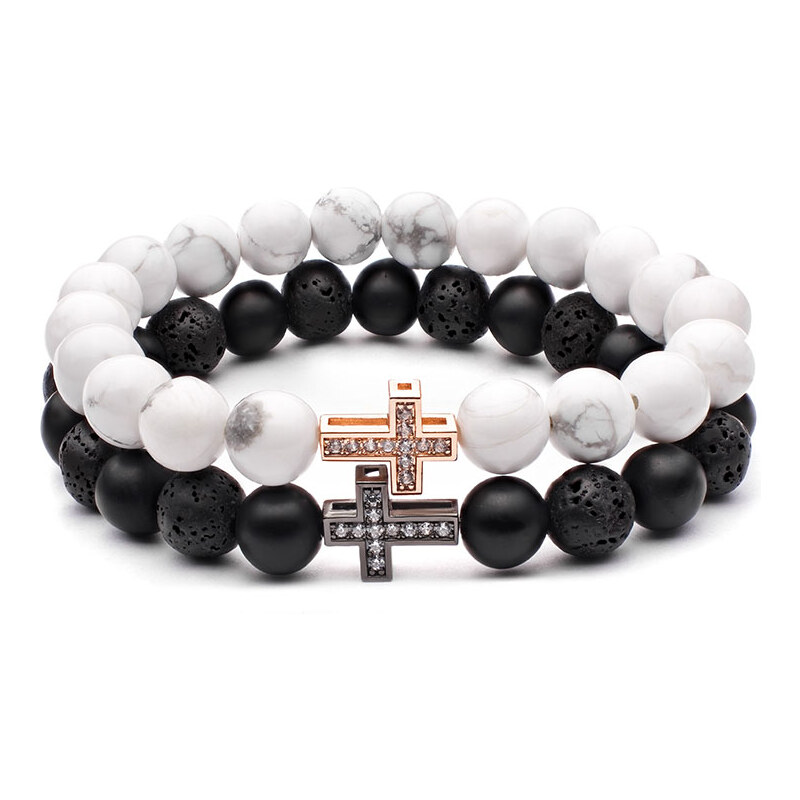 BudNej Náramky pre páry CROSS z howlitu, onyxu a lávových kameňov 35941930