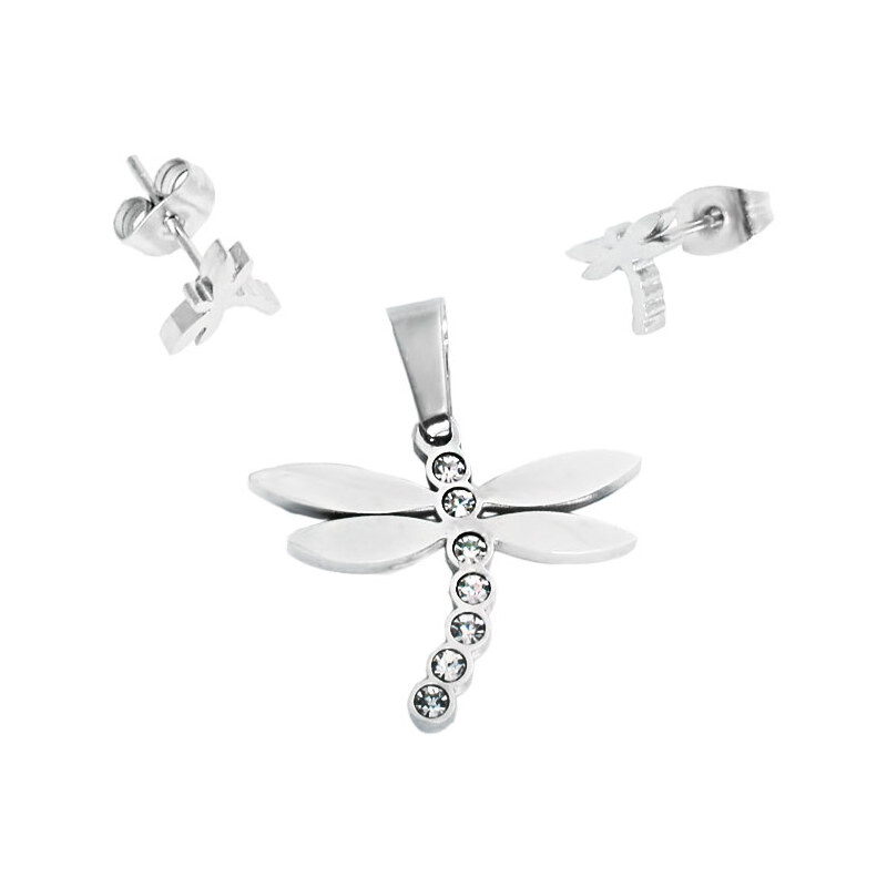 BM Jewellery Dámsky set náušnice a prívesok vážka z chirurgickej ocele 31318861