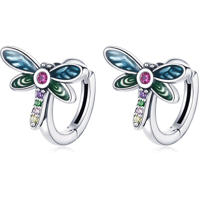 Emporial strieborné náušnice krúžky Farebná vážka SCE1172 36849082