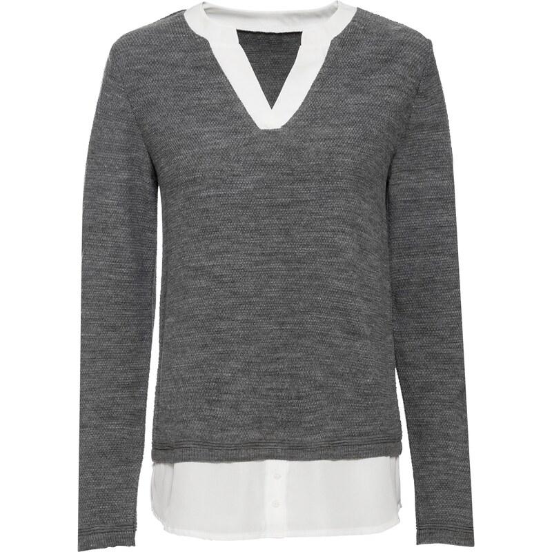 bonprix Pletený pulóver s blúzkovými prvkami, farba šedá 44789596