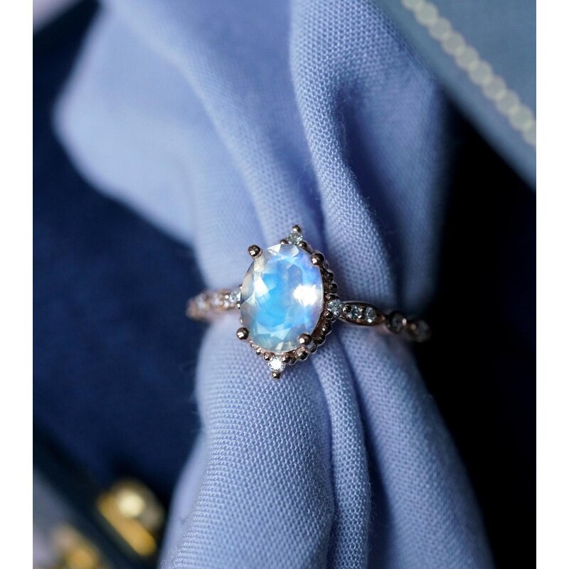 Royal Exklusive Emporial luxusný prsteň Mesačný dúhový kameň Mirror 14k ružové zlato Vermeil GU-DR190780R-ROSEGOLD-MOONSTONE-ZIRCON
