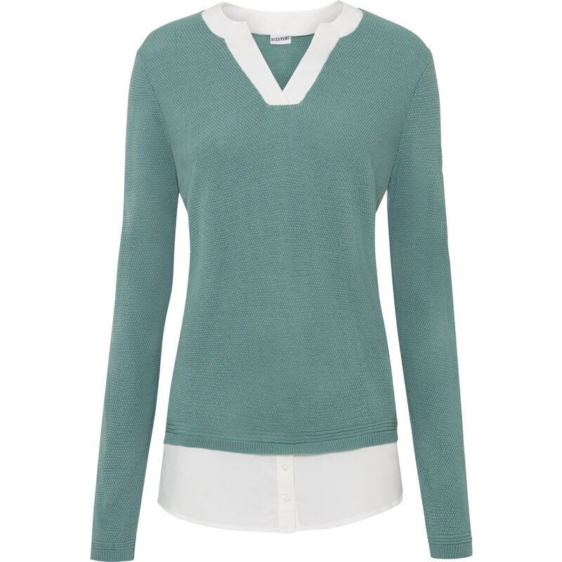 bonprix Pletený pulóver s blúzkovými prvkami, farba zelená 45104332