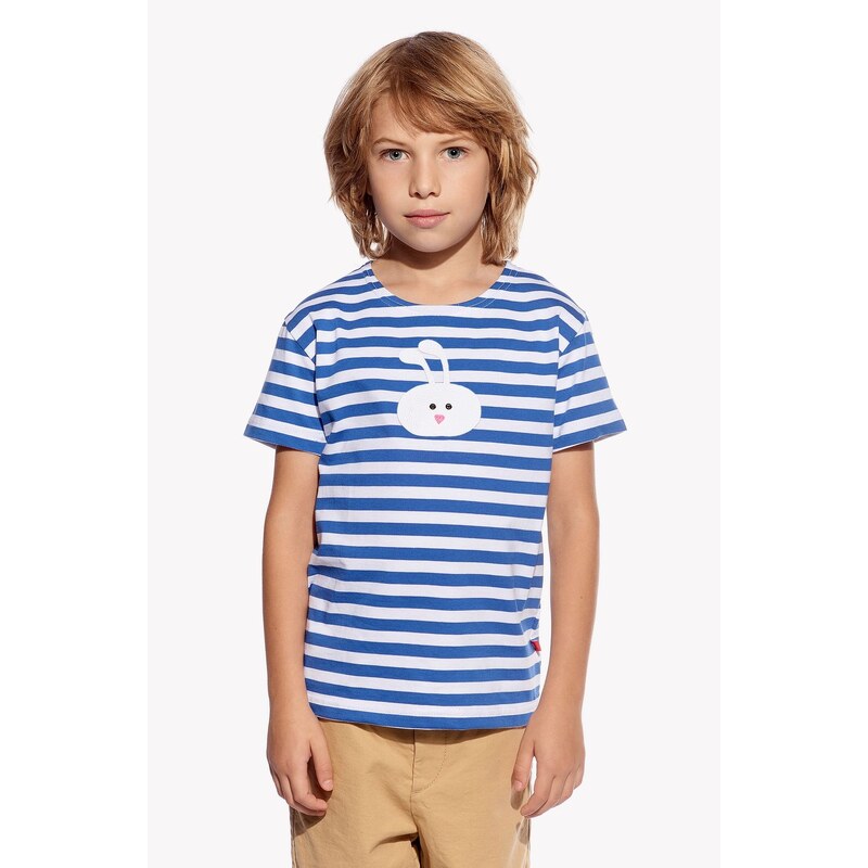 Chlapčenské detské tričko, kratky rukáv, modrý pásik, zajac, pískacie, farba , veľkosť 116