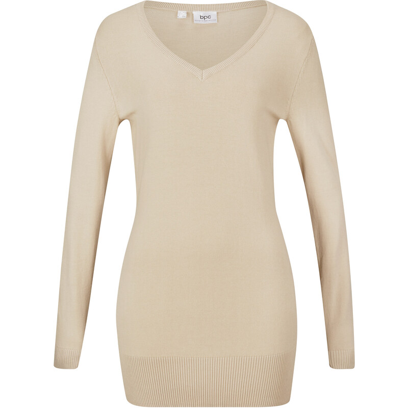 bonprix Dlhý pletený pulóver, basic, výstrih do V, farba béžová 44817502