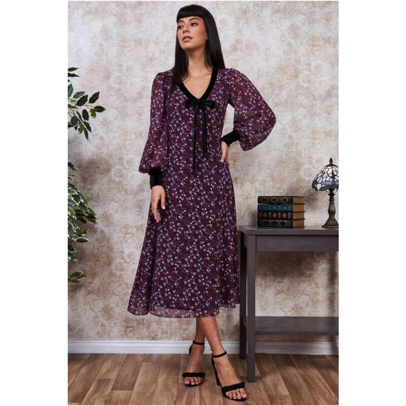 Goddiva Bordové áčkové midi šaty s kvetmi 27204833