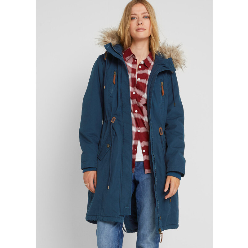 bonprix Parka bunda, zimná, s kapucňou z umelej kožušiny, farba modrá