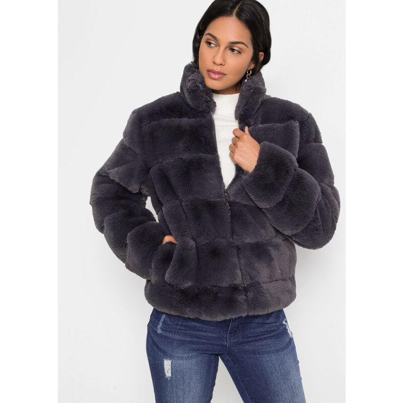 bonprix Bunda na zips, imitácia kožušiny, farba šedá 45134475