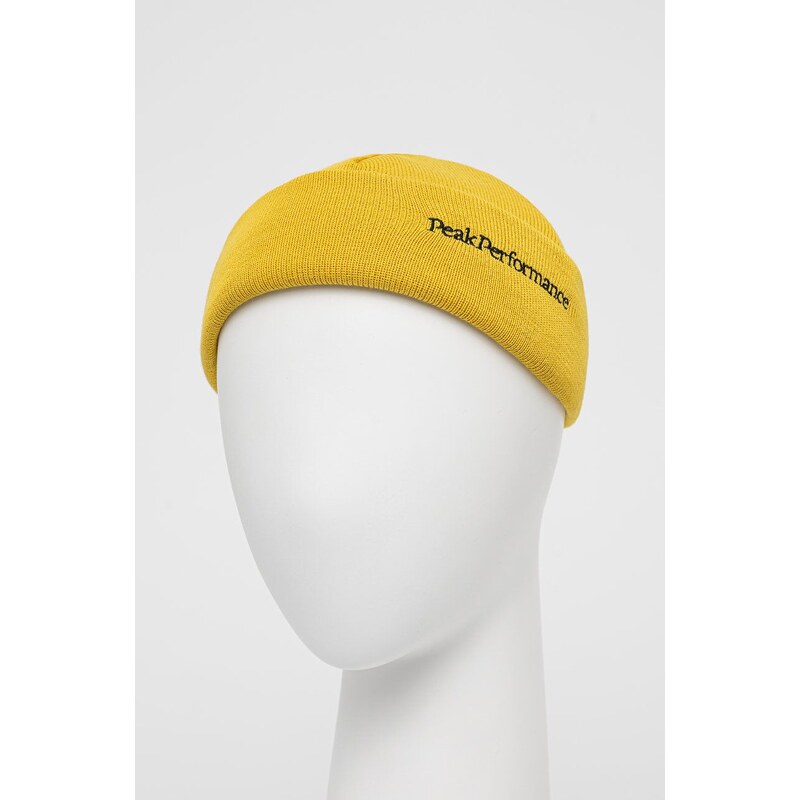 Vlnená čiapka Peak Performance žltá farba, z tenkej pleteniny, vlnená