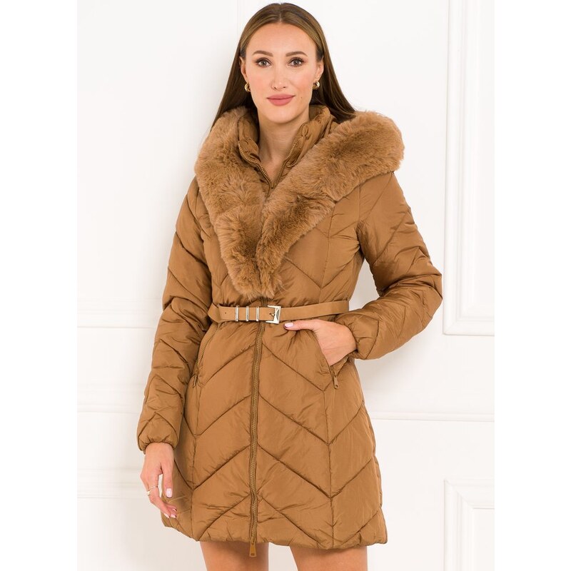 Due Linee Dámska bunda s opaskom a golierom camel 46595855