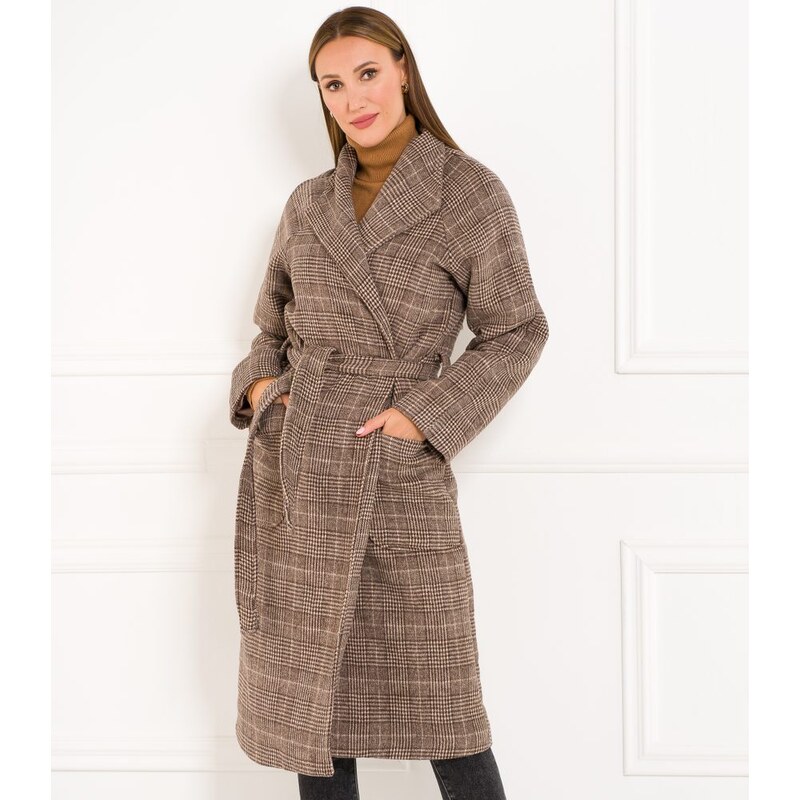 Glamorous by Glam Dámsky dlhý kabát s viazaním capuccino