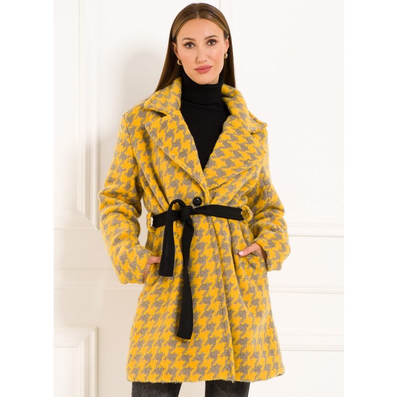 Glamorous by Glam Dámsky kabát žlto-sivý vzorovaný s opaskom