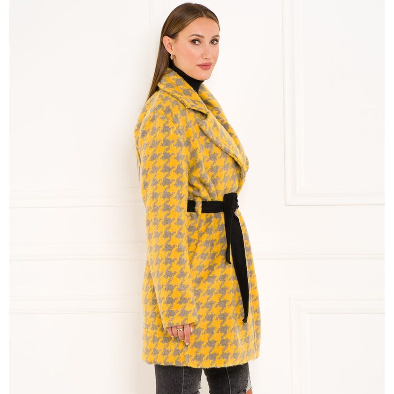 Glamorous by Glam Dámsky kabát žlto-sivý vzorovaný s opaskom