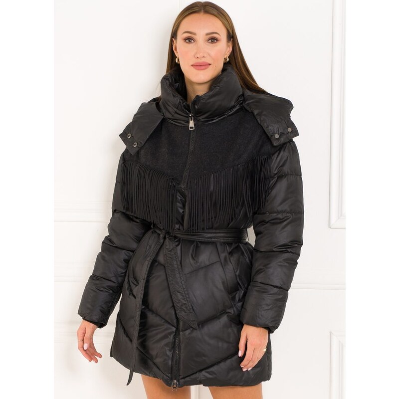 Due Linee Dámska zimná bunda s opaskom a strapcami čierna 27541980