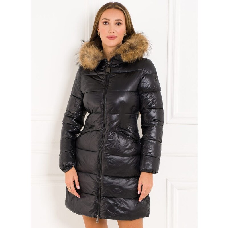 Due Linee Dámska zimná bunda s kapucňou a kožušinou čierna 27541995