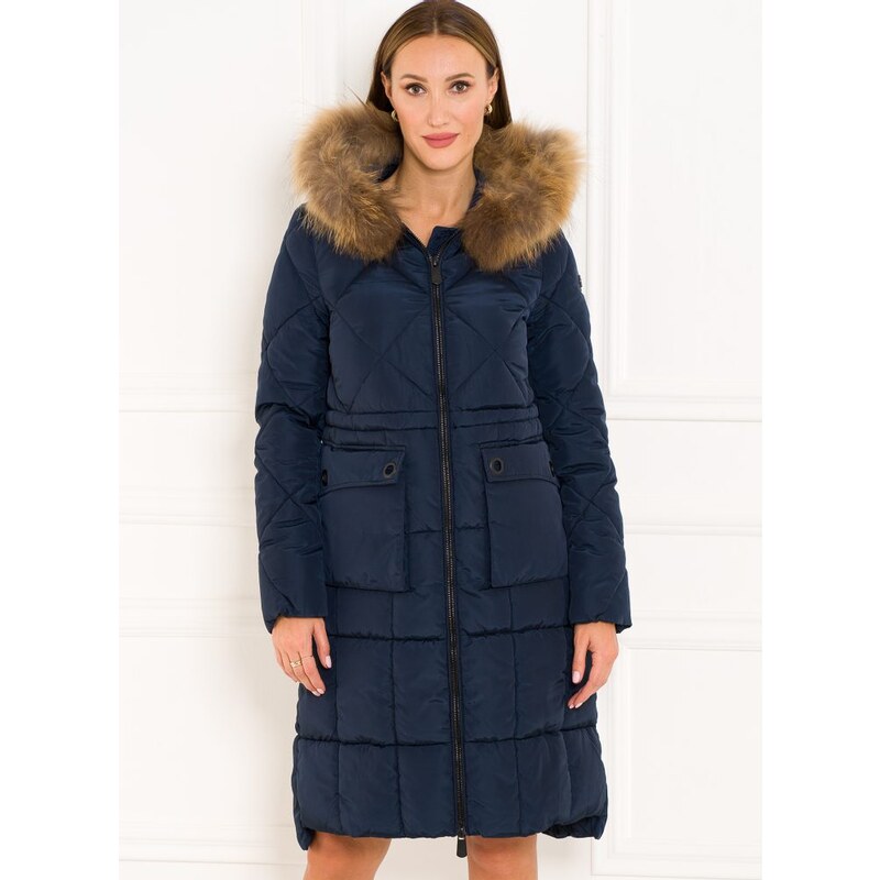 Due Linee Dámska bunda s vreckami a kožušinou tmavo modrá 27541998