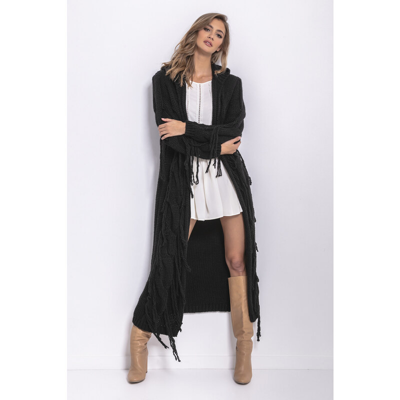 Glara Pletený vlnený maxi kardigán so strapcami 27595823