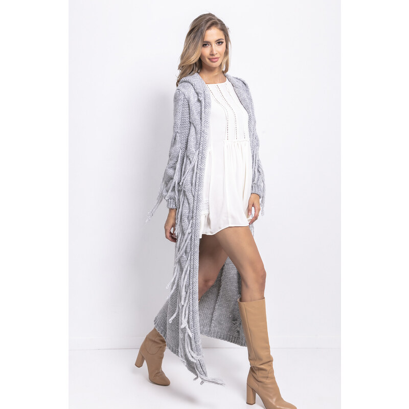 Glara Pletený vlnený maxi kardigán so strapcami 27595825