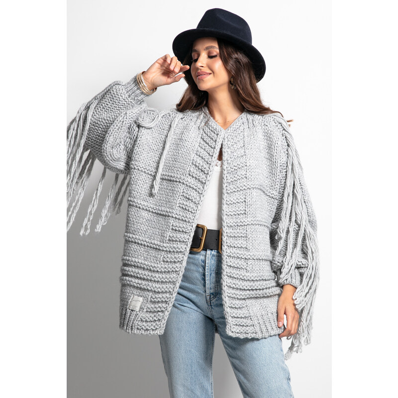 Glara Pletený vlnený kardigán so strapcami 27595830